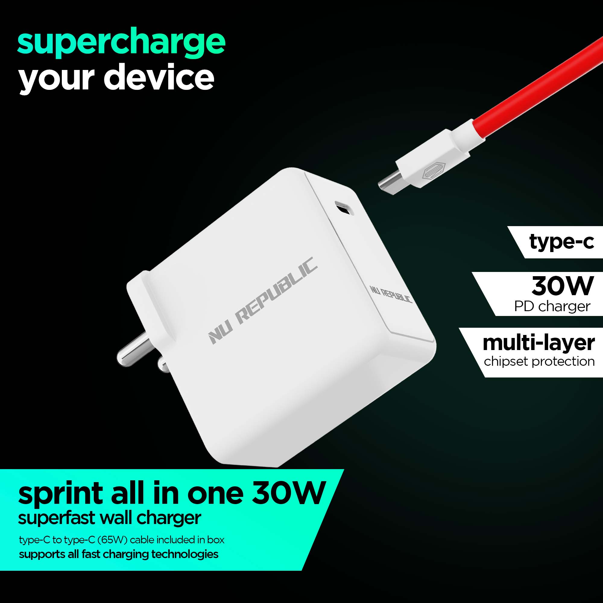 Sprint All In One 30W 6A Fast Charging Adapter with Cable (Type-C to Type-C)